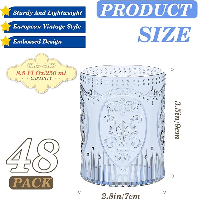 Qinyoung 48 Plastic Vintage Drinking Glasses 8.5oz Stemless Retro Embossed Wine - Image 2