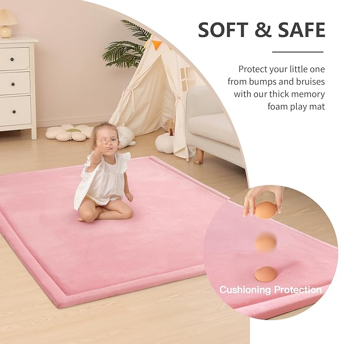 Baby Play Mat for Floor,1.3" Thick Memory foam Tummy Time Mat,Soft Coral Velvet Nursery Rug,Extra Large Non Slip for Crawling,Toddlers,Infants,kids,Yoga&Tatami Style for Living Room(Pink)