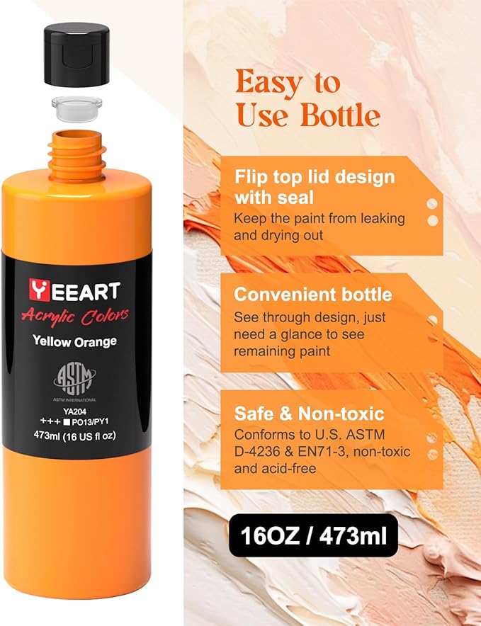 Acrylic Paint Set, 12 Colors Acrylic Paint Large Bottle Set, 16OZ Each, Rich Pigmented Canvas Paint, Premium Non-toxic Paints for Artists, Acrylic Paint Set for Kids & Adults, Art Supplies for Canvas