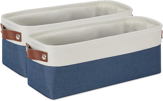 DULLEMELO Toilet Paper Baskets for Storage 15"x6"x5.5" Small Rectangular Baskets for Towels [2 Pack] Collapsible Fabric for Organizing Closet,Shelf,Toys (White&Blue)