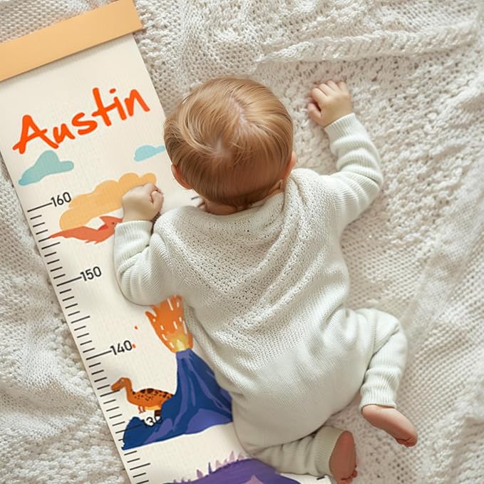Customize Name Canvas Growth Chart for Kids, Dinosaur Unisex Kids Room Wall Decor, Measuring Height Chart, Wall Tape with Height Chart for Kids, Foldable Height Tracker, Lightweight