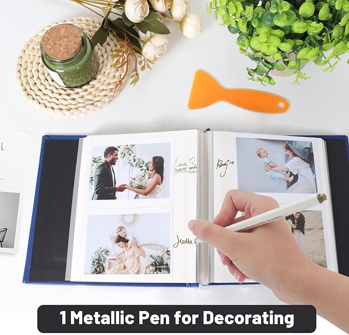 RECUTMS Small Photo Album Self Adhesive Scrapbook Magnetic Photo Albums for 4x6 5x7 8x10 Pictures for Baby Family Wedding 40 Pages with Metal Pen and Plastic Board (White)