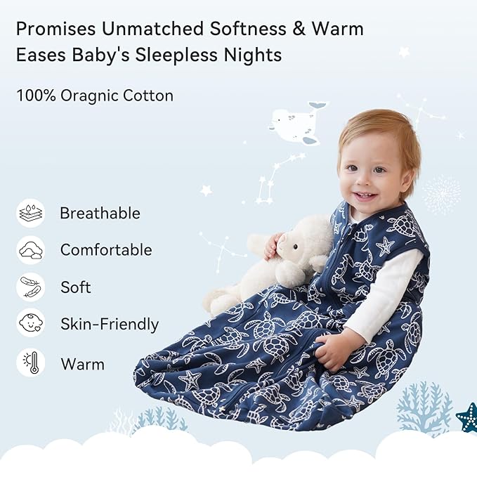 Baby Sleep Sack 0-6 Months 0.5 Tog Wearable Blanket Baby, 3 Pack 100% Cotton Lightweight Sleeping Sack with 2-Way Zipper for Newborn Infant Shark
