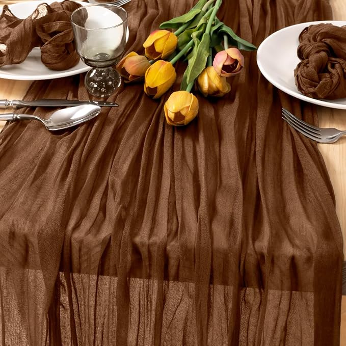 Brown Gauze Cheesecloth Table Runner 10ft Neutral Home Decor | Lightweight by MLMC