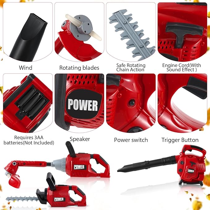 3 Pcs Toy Gardening Tool Set for Kids Toy Leaf Blower Weed Trimmer Hedge Trimmer Pretend Play Set with Lights and Sounds Birthday for Boys Girls