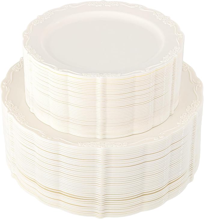 U-QE 100 Pcs Ivory Plastic Plates by U-QE