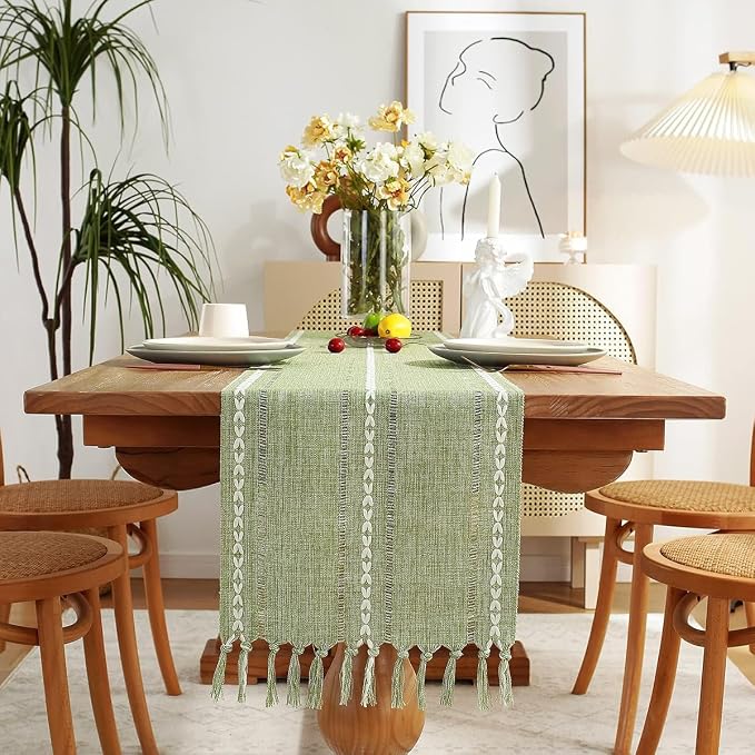 Wracra Rustic Linen Table Runner, Sage Green Table Runners 90 inches Long | by Wracra