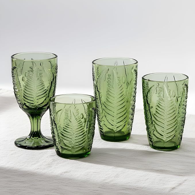 Green Drinking Glasses Set of 8, 10 oz Glass Cups, Vintage Fern Glassware | - Image 9