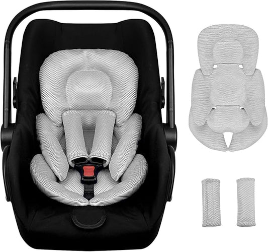Infant Car Seat Insert for Newborn Girls Boys, Summer Mesh Baby Carseat Head Support with Strap Pads, Soft Reversible Baby Car Seat Insert Cushion Pad for Car Seat, Stroller, Bouncer, Swing, Gray