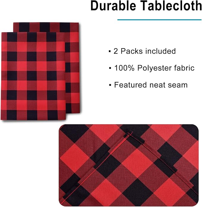Red and Black Plaid Tablecloth Waterproof, 2 Pack, 54 x 80 inch | Checkered - Image 3