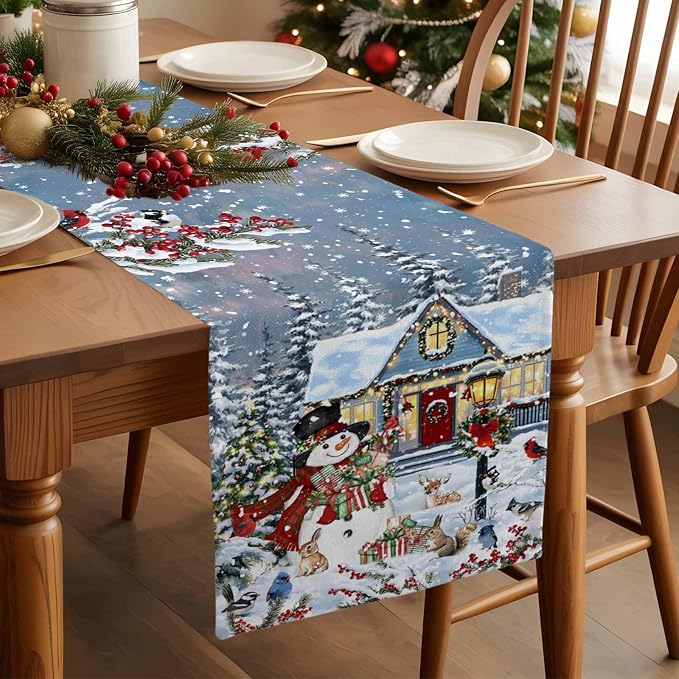Merry Christmas Table Runner 36 Inches Long, Xmas Trees Snowman Snowflake Table - Image 3