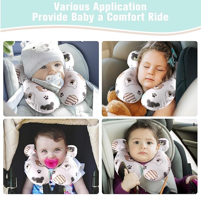 vocheer Baby Travel Pillow(Upgraded), Head and Neck Support Pillow for Pushchair, Car Seat,Stroller, Bouncer, Cotton(Bear)