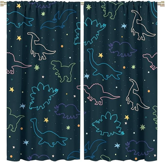 Cartoon Colorful Dinosaur Curtains for Kids Boys Girls Home Decor, Astronaut Funny Outer Space Star Blackout Rod Pocket Window Drapes for Bedroom Living Room W21xL45in 2 Panels