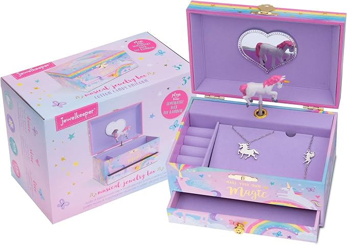 Jewelkeeper Unicorn Musical Jewelry Box for Little Girls - Kids Jewelry Box with Pullout Drawer - Music Jewellery Box with Necklace and Bracelet - Gift Set for Kids - Children's Jewellery Storage Case
