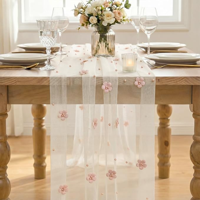 Artoid Mode Yellow Flower Pearl White Gauze Table Runner 10FT 3PC, Seasonal - Image 2
