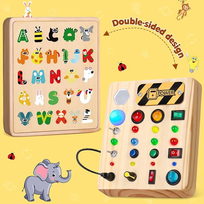 LED Busy Board, Wooden Sensory Toys for Toddler, Montessori Music Toy for Airplane, Travel Activity Educational Learning Toy, Busy Light Switch Autism Toys, Birthday Boys Girls Gifts