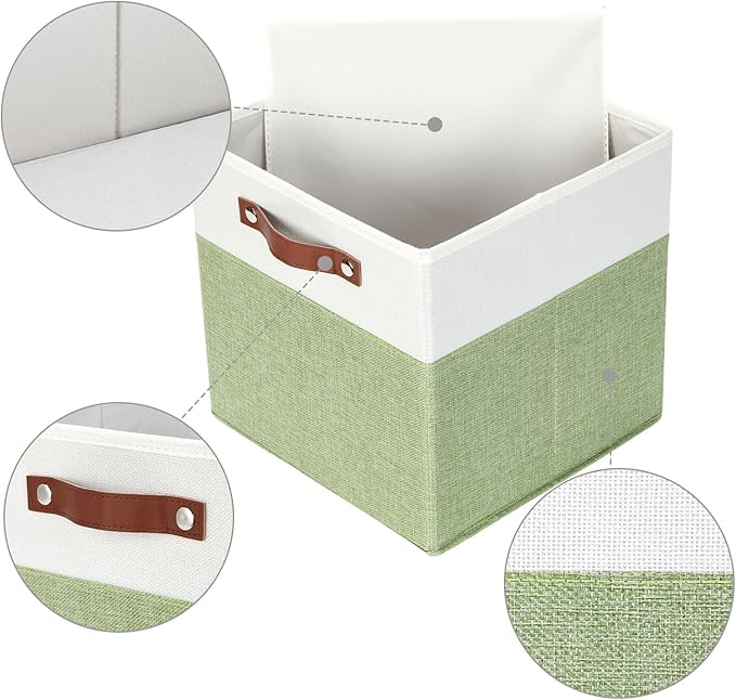 HNZIGE Fabric Cube Storage Bins 13x13 Set of 4 Canvas Storage Baskets for Shelves Collapsible Storage Bins for Organizing Clothes Closet Toy Nursery Cubby(Green&White)