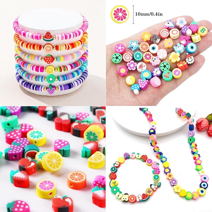 1000PCS Polymer Clay Beads Bracelet Making kit, 24 Style Cute Fun Beads Flower Animal Rainbow Eye Charms for Jewelry Necklace Earring Making DIY Accessories for Women Girls