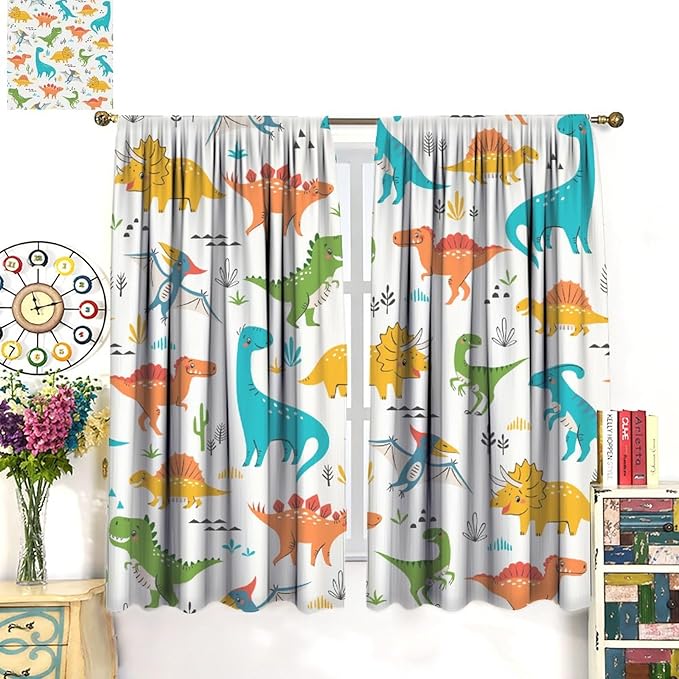 Kids Dinosaur Curtains for Boys Girls Bedroom Decor Cartoon Dino Colorful Cute Funny Animal Wildlife Printed Blackout Rod Pocket Window Drapes for Baby Nursery Playroom Living Room W21xL45in Decor