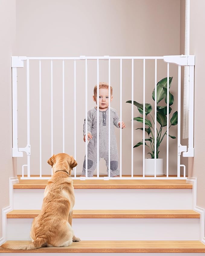 Cumbor 29.2-43" No Bottom Bar Baby Gate for Stairs, 2-in-1 Hardware Mounted Dog Gate Indoor, Auto Close Pet Gate for Doorways with Large Walk Thru Door, Wide Child-Proof Safety Gates for Kids (White)