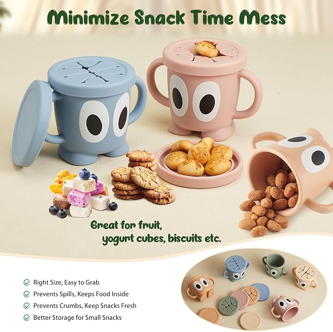 Silicone Snack Cup Food Container for Toddlers and Babies, Spill Proof Training Cup with Snack Cup Lid & Dust Proof Lid, Comes with a toy strap, Without BPA, Lead, or Phthalates (Ether)