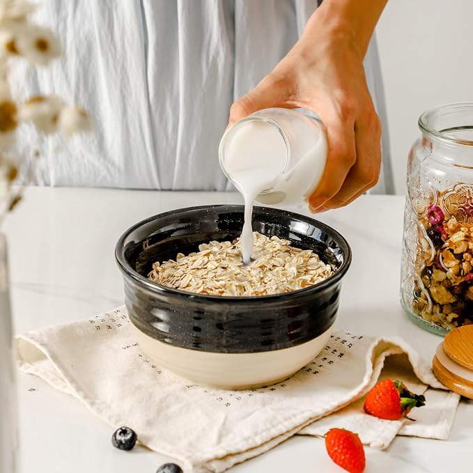 HASENSE Ceramic Cereal & Soup Bowls Set of 6, 20 Oz Black & Beige Stackable - Image 4