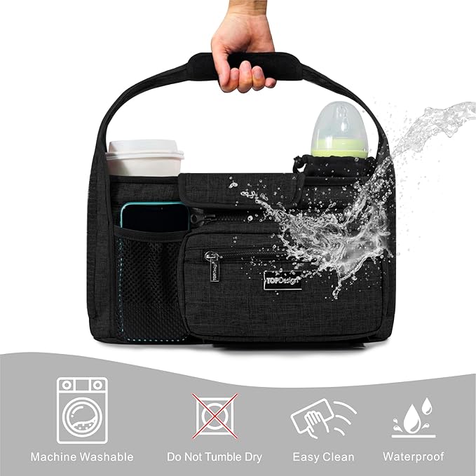 TOPDesign Universal Baby Stroller Organizer Caddy with Detachable Mesh Bag & Heightened Insulated Cup Holders & Non-Slip Secure Hooks Accessories, Fits Most Strollers (Colorful)