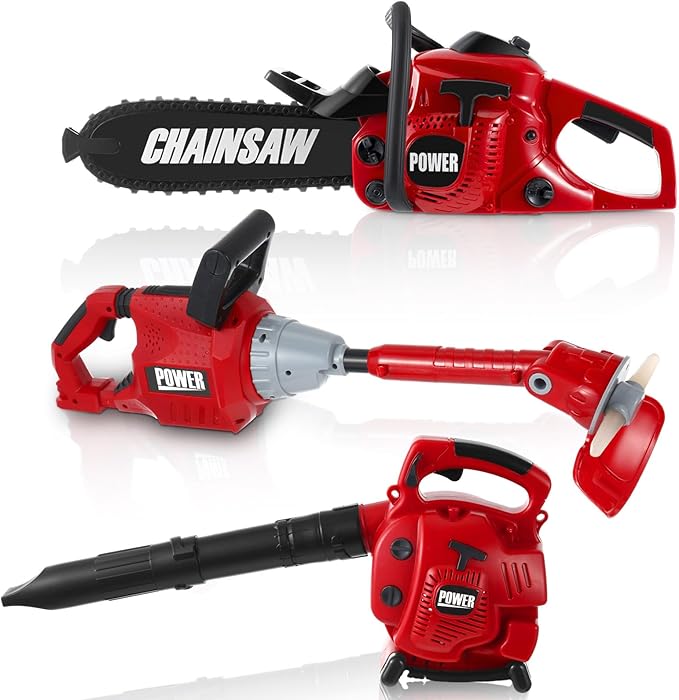 3 Pcs Toy Gardening Tool Set for Kids Toy Leaf Blower Weed Trimmer Chainsaw Pretend Play Set with Lights and Sounds Birthday for Boys Girls