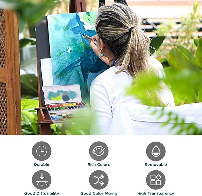 Watercolor Paint set, 36 Colors Premium Solid Watercolor Half Pans in Tin Box, 1 refillable Water Brush Pen, Art Pigment Kit Perfect for Artists Students Kids Beginners and Art Lovers