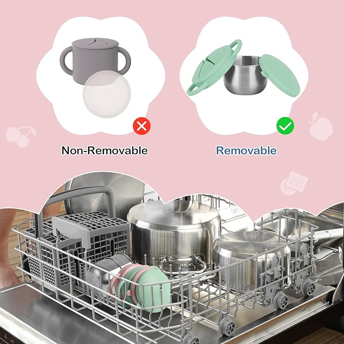 2 Pack Snack Cups for Toddlers Spill Proof - Detachable Stainless Steel Toddler Snack Cups with Silicone Lids & Handles - Dishwasher Safe Baby Snack Containers for Mess-Free Snacking (Green and Pink)