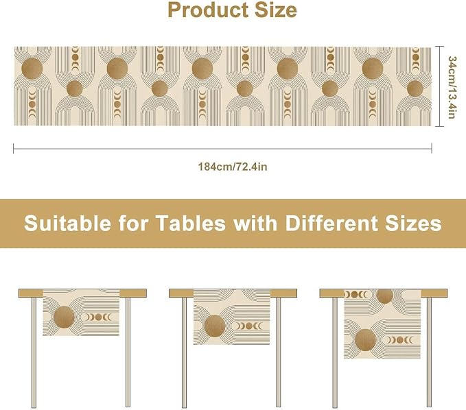 Boho Table Runner Mid Century Modern Style Abstract Geometrical Gold Round Sun - Image 2