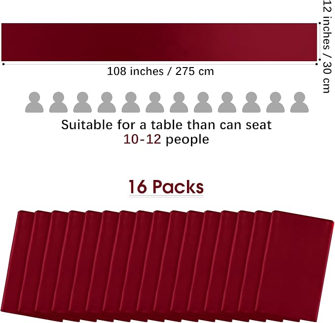 Aneco 16 Pack Satin Table Runner 12 x 108 Inch Burgundy Long Wedding Satin Silk - Image 2