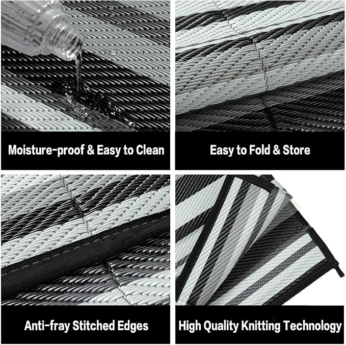 Outdoor Plastic Straw Rug Waterproof Patio 9x12 Black White Stripe Mat - Image 6
