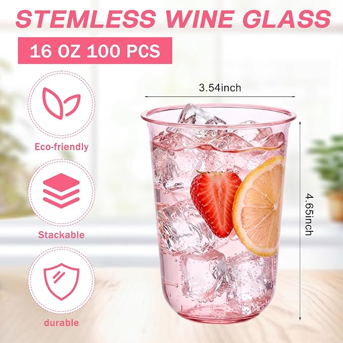 Ziliny 100 Pcs Disposable Stemless Glasses 16oz Crystal Plastic Wine Glasses - Image 3