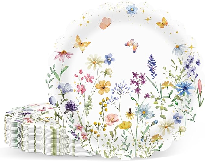 50Pcs Wildflower Scalloped Paper Plates 7inch Spring Party Dessert Plates by Unknown