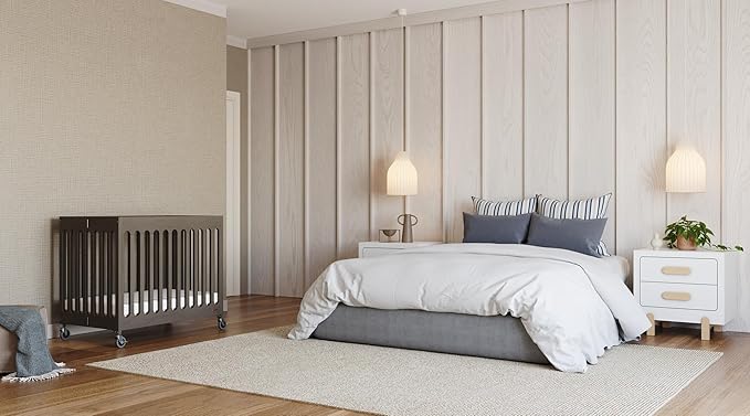 Foundations Boutique Folding Mini Baby Crib - Compact, Portable, Wooden Hotel Crib, Foldable Compact Cribs for Baby & Toddlers - Includes 3" Foam Mattress - Dapper Gray