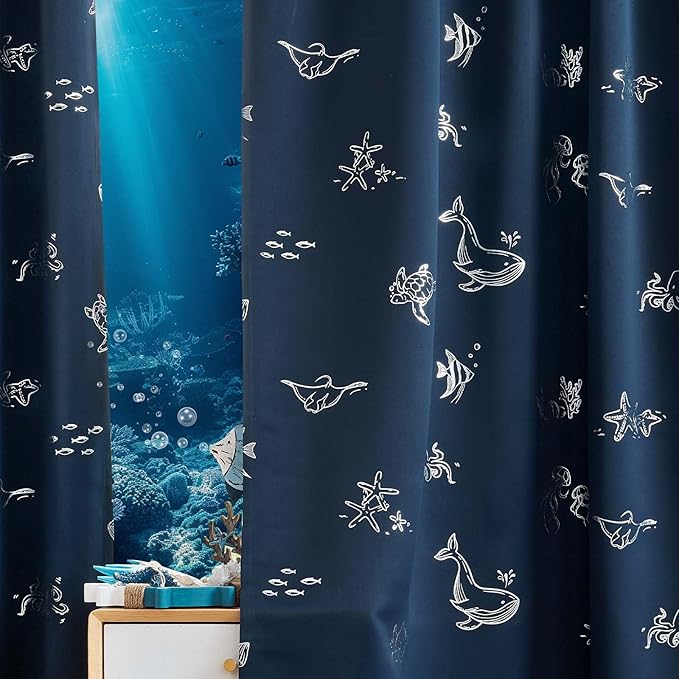 Vangao Kids Curtains for Boys Bedroom Kids Blackout Curtains 63 Inch Length Ocean Aquarium Nursery Drapes for Girls Bedroom Silver Sea Animals Print Thermal Insulated Drapes, Navy Blue 2 Panels