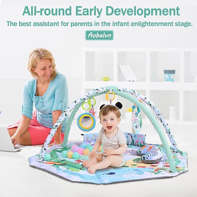 Baby Play Gym & Activity Mat,10-in-1 Tummy Time Mat,Panda Washable Baby Playmat with Detachable Toys,2 in 1 Baby Mat & Fence for Sensory Exploration and Motor Skill Development at Different Stages