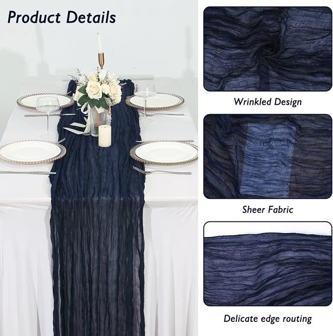 1 Pack Navy Blue Cheesecloth Table Runner 120 Inch Boho Wedding Decor | - Image 3