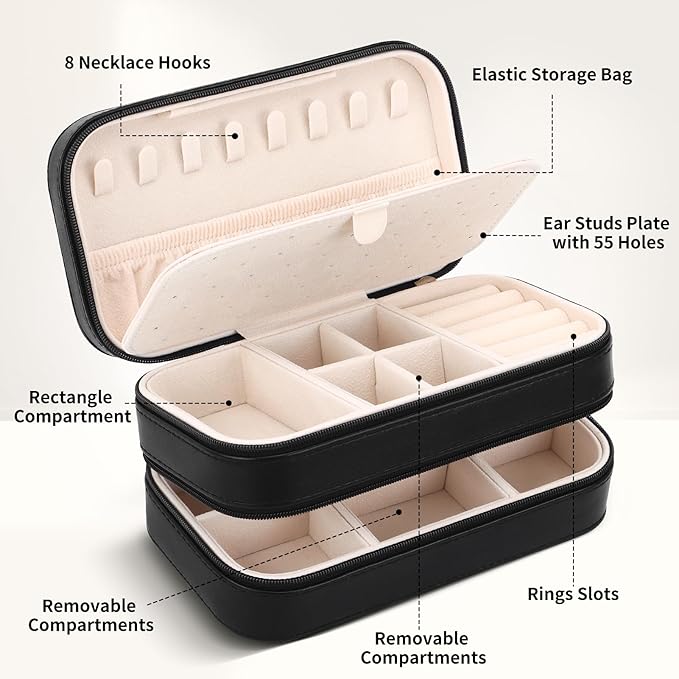 DesignSter Small Travel Jewelry Box with Double Zipper, 2 Layers PU Portable Jewelry Case for Women and Girls,Travel Jewelry Organizer for Rings, Earrings, Necklaces, Bracelets,Black