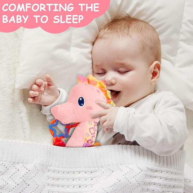 Fuzqq Baby Girl Toys 0-6 Months,Musical Stuffed Animal Plush Toy with Rattle,Soft Newborn Toy for 0 3 6 9 12 Months Girls,Baby Girl Gift,Pink