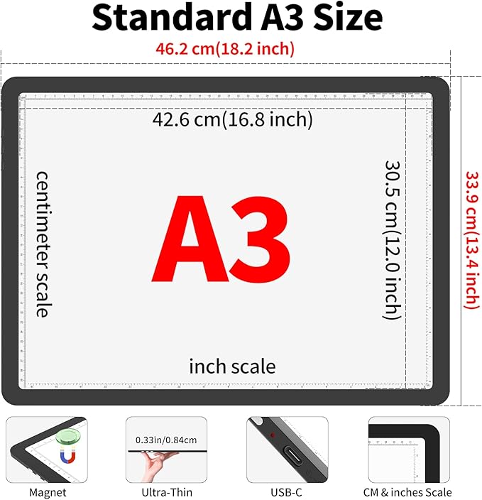 Phylosal Magnetic A3 Light Pad with Bag, Super Bright Light Box with Side Button, Diamond Art Light Board, Lightbox for Tracing and Drawing, USB Power Light Table for Sketching, Weeding Vinyl (Black)