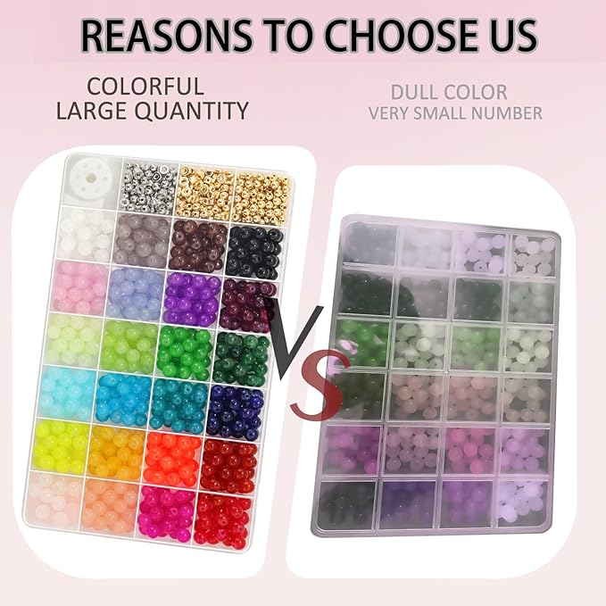 JULIMAIDONG 8mm Glass Beads for Bracelets 2100pcs, 48 Colors Round Crystal Glass Bracelet Making Kit for Jewelry Making Kits Bead DIY Crafts with Spacer Charms Accessories (48Color(Solid+Printing)