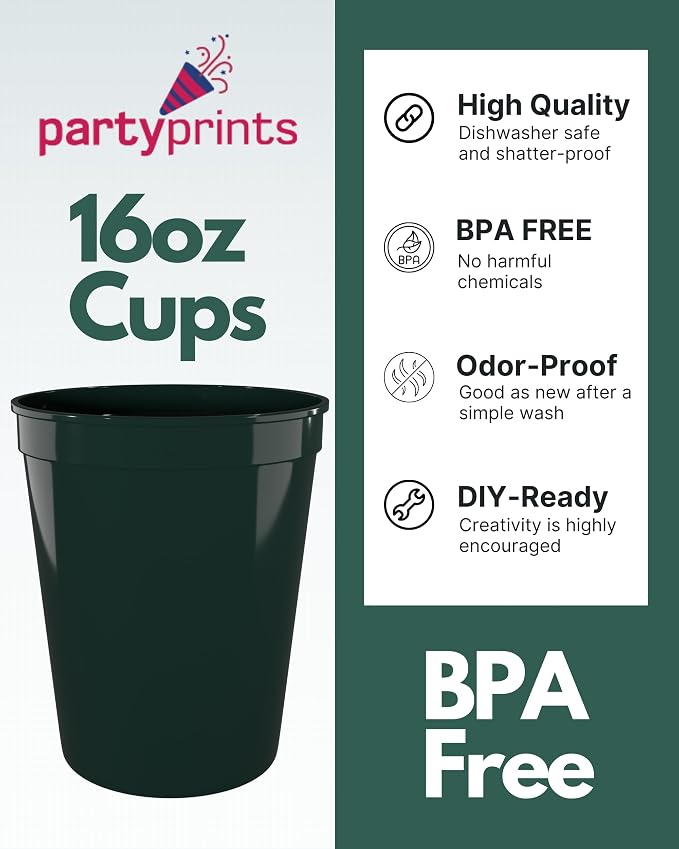 PartyPrints 100 Pack 16 oz Dark Green Reusable Blank Plastic Cups, Stadium Cups - Image 2