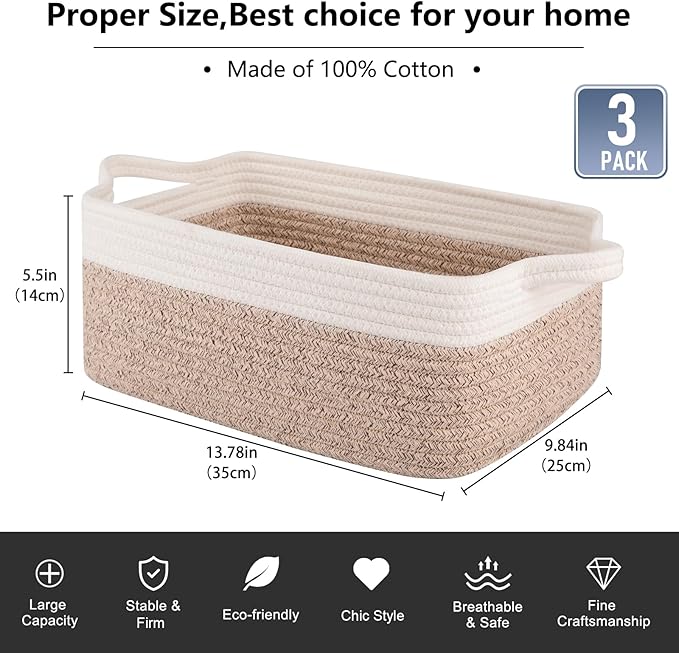 OIAHOMY 3 Pack Storage Baskets for Organizing, Woven Cotton Rope Basket for Shelves, Closet Organizer Bins with Handles, Rectangle Toy Organization, 13.78''×9.84''×5.5'', Brown & White
