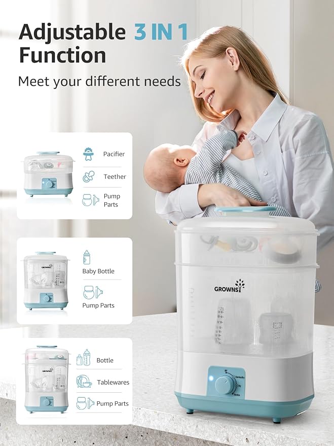 GROWNSY Adjustable 3 in 1 Large Bottle Sterilizer and Dryer, Electric Steam Baby Bottle Sterilizer, Bottle Sanitizer for Baby Bottles & Pacifiers, Breast Pump Parts Blue