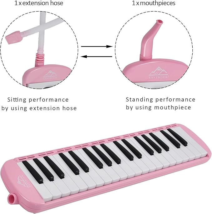 EastRock 37 Key Melodica Instrument Keyboard Soprano Piano Style with Mouthpiece Tube Sets and Carrying Bag for Kids Beginners Adults Gift Pink