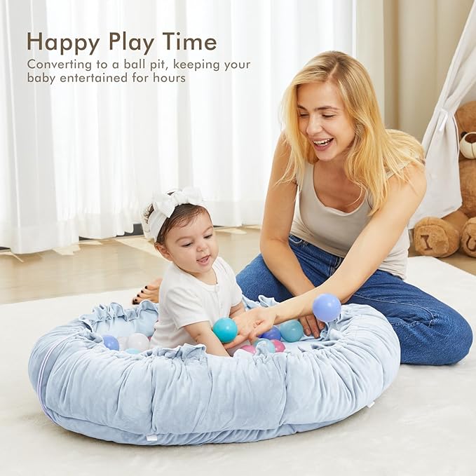 ANGELBLISS 5 in 1 Baby Play Gym Mat, Reversible Tummy Time Mat with 5 Sensory Toys for Stage-Based Developmental, Thick & Large Baby Activity Center from Newborn to Toddler (Light Blue)