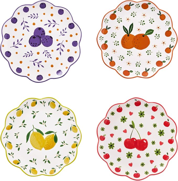 Bico Fruit Pop Scalloped Salad Plates Set of 4, 8.75 Inch Ceramic Dessert Plates by Bico