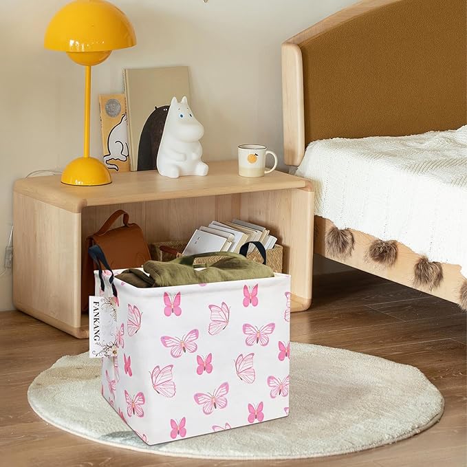 FANKANG Square Nursery Hamper Storage Bins Canvas Laundry Basket Foldable with Waterproof PE Coating Storage Baskets Gift Baskets for Children, Office, Bedroom, Clothes（Square-pink butterfly ）